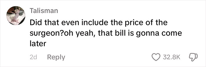 Comment discussing an insane hospital bill, questioning if it includes the surgeon's fee, with many likes and interactions. Comment discussing an insane hospital bill, questioning if it includes the surgeon's fee, with many likes and interactions.