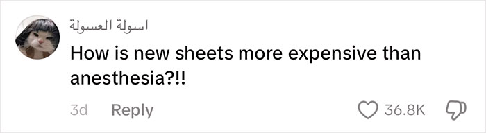 Comment highlighting insane hospital bill costs comparing sheets and anesthesia, with 36.8K likes. Comment highlighting insane hospital bill costs comparing sheets and anesthesia, with 36.8K likes.