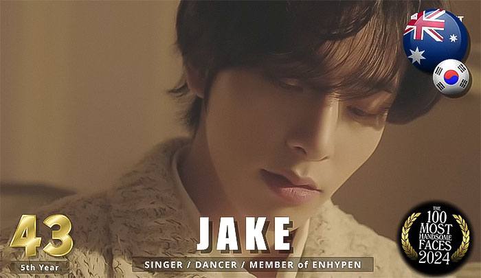 "Ranked handsome man of 2024, Jake from Enhypen, in a soft-lit portrait with national flags and awards badge. "Ranked handsome man of 2024, Jake from Enhypen, in a soft-lit portrait with national flags and awards badge.