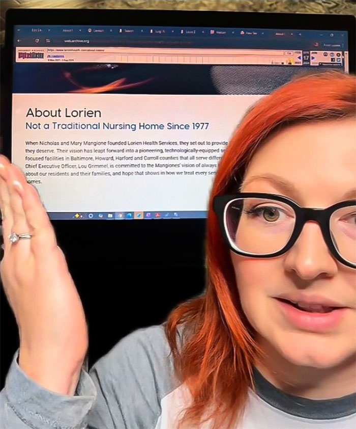 Woman discussing issues with Luigi Mangione's family nursing facilities, with a computer screen in the background. Woman discussing issues with Luigi Mangione's family nursing facilities, with a computer screen in the background.
