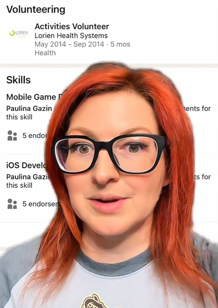 Woman discusses Luigi Mangione's family nursing facilities issues with red hair and glasses, background shows volunteering details. Woman discusses Luigi Mangione's family nursing facilities issues with red hair and glasses, background shows volunteering details.