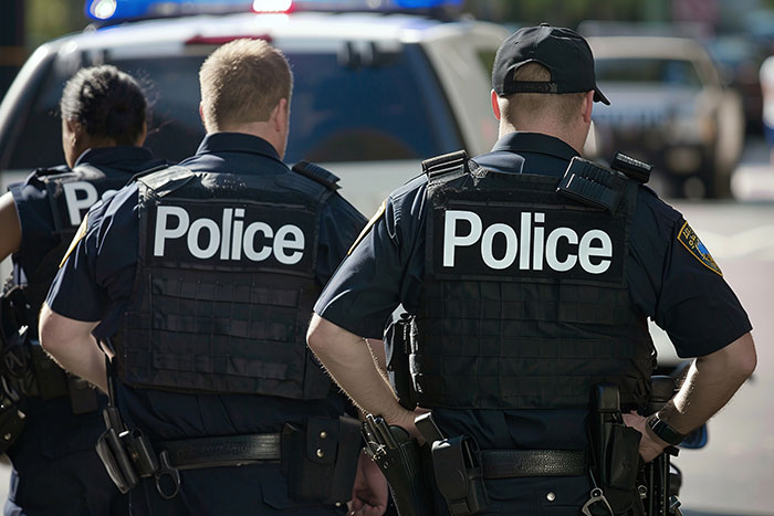 Police officers standing near a patrol vehicle on the street. Police officers standing near a patrol vehicle on the street.