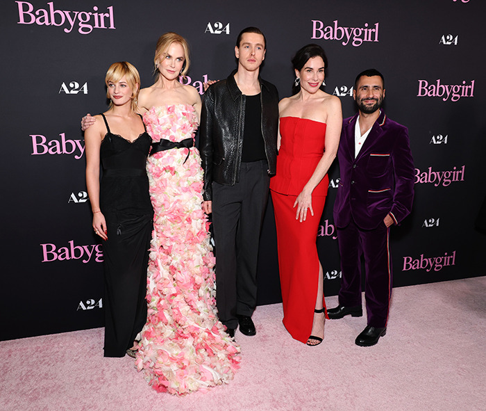 Cast of 'Babygirl' at the premiere, posing on the red carpet in stylish attire. Cast of 'Babygirl' at the premiere, posing on the red carpet in stylish attire.