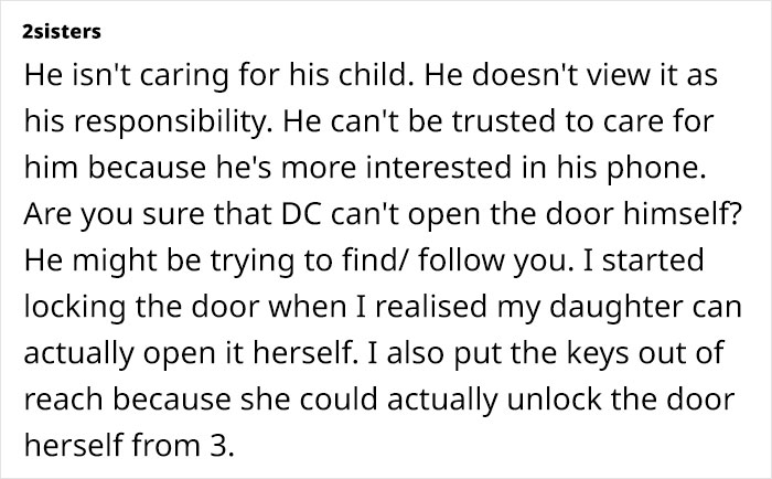 Text discussing a dad's lack of responsibility, being glued to his phone, and the partner's anxiety about their child's safety. Text discussing a dad's lack of responsibility, being glued to his phone, and the partner's anxiety about their child's safety.