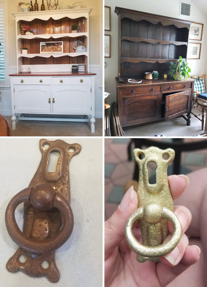 Restored vintage furniture and handle close-ups showcase refurbishment results.