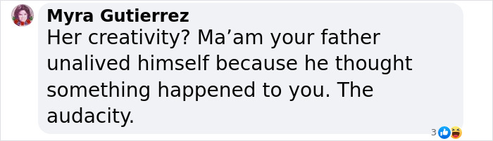 Text from Myra Gutierrez criticizing Hannah Kobayashi's focus on creativity, mentioning her father. Text from Myra Gutierrez criticizing Hannah Kobayashi's focus on creativity, mentioning her father.