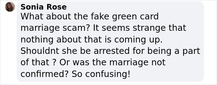 Social media comment questioning fake green card marriage in response to Hannah Kobayashi's healing journey. Social media comment questioning fake green card marriage in response to Hannah Kobayashi's healing journey.