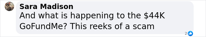 Comment by Sara questioning a $44K GoFundMe, suggesting a potential scam. Comment by Sara questioning a $44K GoFundMe, suggesting a potential scam.