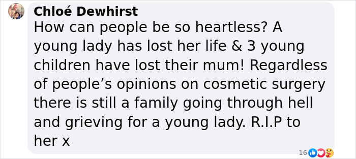 Comment expressing grief over BBL surgery tragedy and its impact on a young mom's family. Comment expressing grief over BBL surgery tragedy and its impact on a young mom's family.