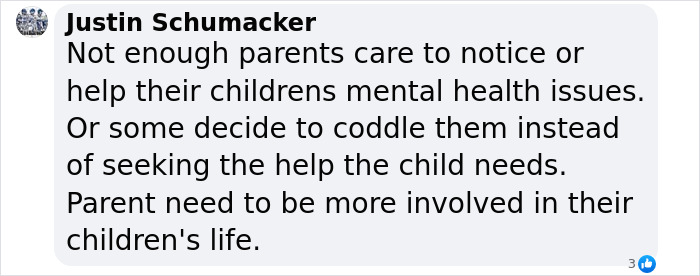 Facebook comment discussing parental involvement in children's mental health after Wisconsin tragedy. Facebook comment discussing parental involvement in children's mental health after Wisconsin tragedy.