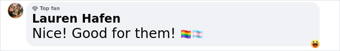 Comment saying "Nice! Good for them!" with pride and trans flags, related to Oppenheimer star. Comment saying "Nice! Good for them!" with pride and trans flags, related to Oppenheimer star.