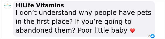 Comment expressing concern for abandoned 12-year-old rescued pup with a heart emoji. Comment expressing concern for abandoned 12-year-old rescued pup with a heart emoji.