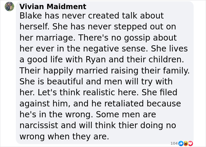 Comment discussing Blake Lively's marriage with Ryan, mentioning claims against Justin Baldoni. Comment discussing Blake Lively's marriage with Ryan, mentioning claims against Justin Baldoni.