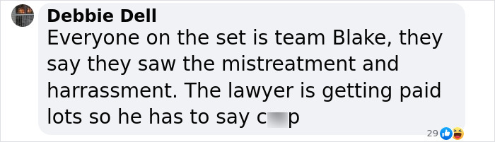 Screenshot of Debbie Dell's comment discussing a lawyer’s defense and support for Blake amidst mistreatment claims. Screenshot of Debbie Dell's comment discussing a lawyer’s defense and support for Blake amidst mistreatment claims.