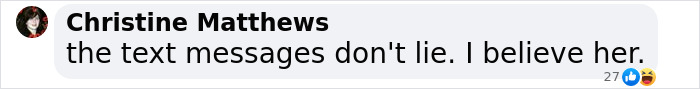 "Comment screenshot with Christine Matthews stating belief based on text messages in ongoing discussion. "Comment screenshot with Christine Matthews stating belief based on text messages in ongoing discussion.