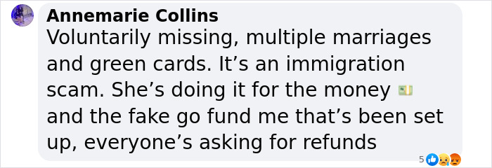 Social media comment on green card marriage scam involving a missing woman, mentioning multiple marriages and refunds. Social media comment on green card marriage scam involving a missing woman, mentioning multiple marriages and refunds.