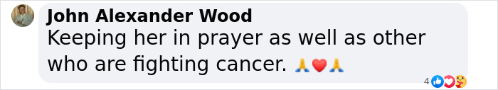 Comment offering prayers for those fighting cancer, with emojis of prayer hands and a heart. Comment offering prayers for those fighting cancer, with emojis of prayer hands and a heart.