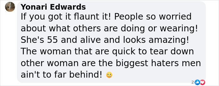 Text of a comment praising Jennifer Lopez for looking amazing at 55 and addressing critics. Text of a comment praising Jennifer Lopez for looking amazing at 55 and addressing critics.