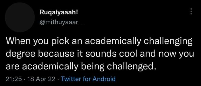 Funny science meme about academic challenges from a difficult degree choice on social media.