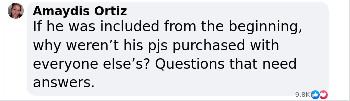 Comment discussing son's different pyjamas in Christmas family photo controversy. Comment discussing son's different pyjamas in Christmas family photo controversy.