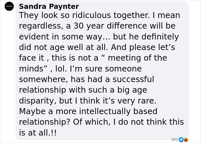 Screenshot of a comment discussing a couple with a 30-year age difference in a relationship. Screenshot of a comment discussing a couple with a 30-year age difference in a relationship.