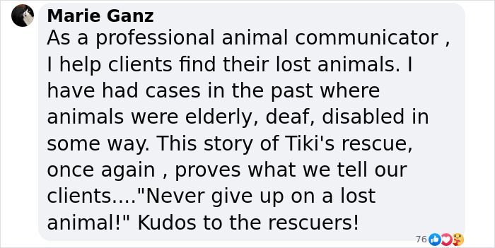Marie Ganz comments on rescuing a lost blind cat, praising rescuers. Marie Ganz comments on rescuing a lost blind cat, praising rescuers.
