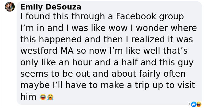 A social media post by Emily DeSouza expresses surprise and interest in visiting the location of a blind cat rescue. A social media post by Emily DeSouza expresses surprise and interest in visiting the location of a blind cat rescue.