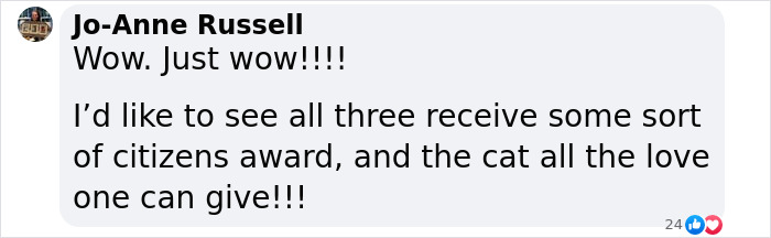 Comment praising locals for saving a blind cat stuck on ice, suggesting awards and showing love for the cat. Comment praising locals for saving a blind cat stuck on ice, suggesting awards and showing love for the cat.