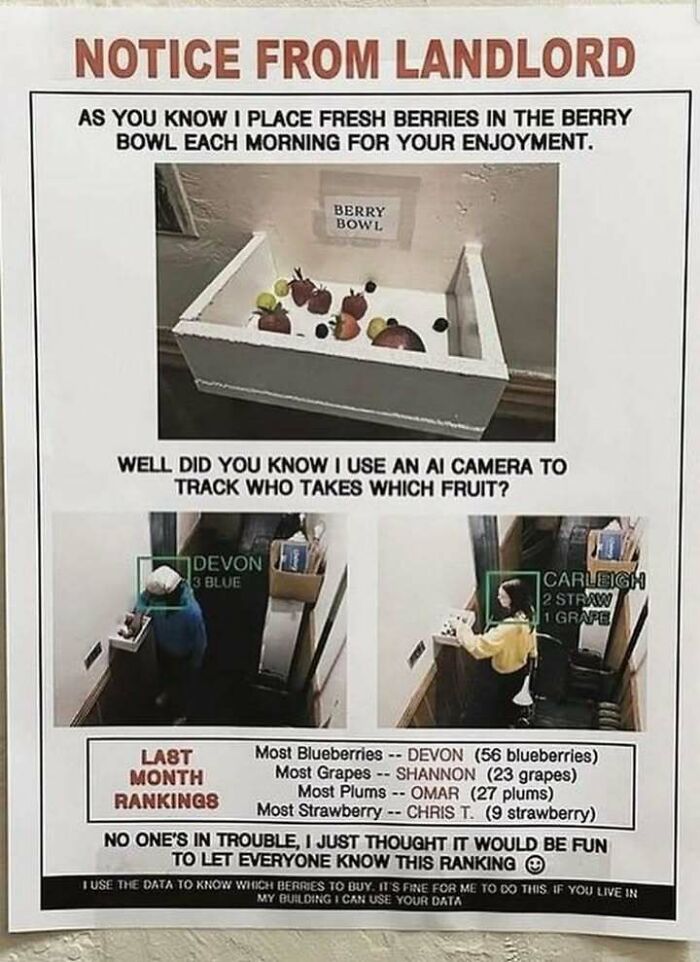 Science meme featuring a landlord's notice about using AI to track berry consumption in a shared bowl.