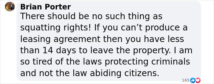 Social media comment criticizing squatter rights and legal protection of criminals over citizens. Social media comment criticizing squatter rights and legal protection of criminals over citizens.