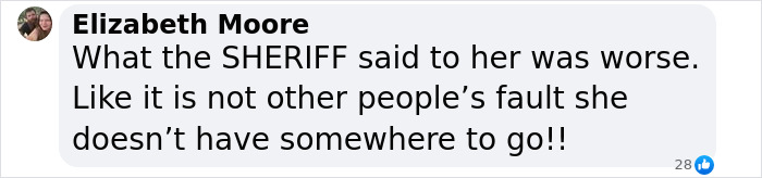 Comment by Elizabeth Moore discussing a sheriff's response related to a woman reclaiming her home from a squatter. Comment by Elizabeth Moore discussing a sheriff's response related to a woman reclaiming her home from a squatter.