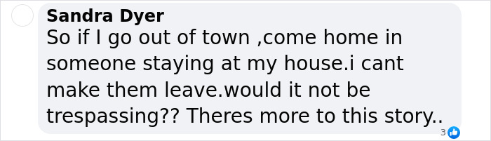 Text exchange on squatter issue discussed by Sandra Dyer with concerns about trespassing laws. Text exchange on squatter issue discussed by Sandra Dyer with concerns about trespassing laws.
