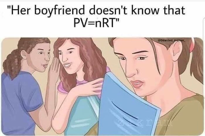 Three women in a cartoon discussing the ideal gas law equation PV=nRT, with one looking puzzled while holding a notebook.
