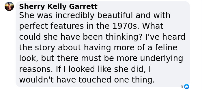 Text describing Catwoman Jocelyn Wildenstein’s transformation, reflecting on her beauty in the 1970s. Text describing Catwoman Jocelyn Wildenstein’s transformation, reflecting on her beauty in the 1970s.