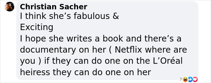 Comment by Christian Sacher praising Jocelyn Wildenstein, suggesting a documentary about her. Comment by Christian Sacher praising Jocelyn Wildenstein, suggesting a documentary about her.