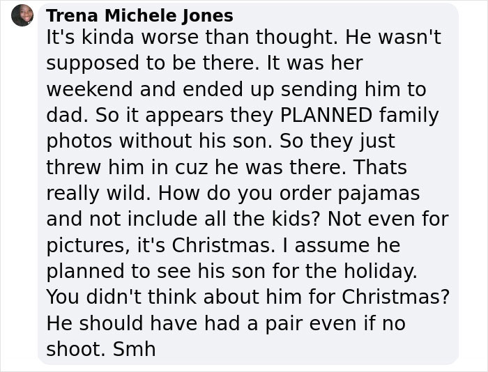 Comment discussing a mother’s response to the son wearing different pajamas in Christmas photos controversy. Comment discussing a mother’s response to the son wearing different pajamas in Christmas photos controversy.