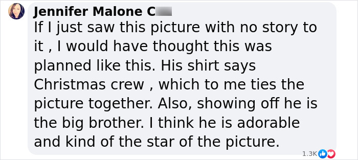 Comment about a son wearing different pajamas in Christmas family photos controversy, expressing a positive perspective. Comment about a son wearing different pajamas in Christmas family photos controversy, expressing a positive perspective.