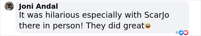 Comment about Colin Jost reading jokes, highlighting Scarlett Johansson's presence, with positive reaction. Comment about Colin Jost reading jokes, highlighting Scarlett Johansson's presence, with positive reaction.