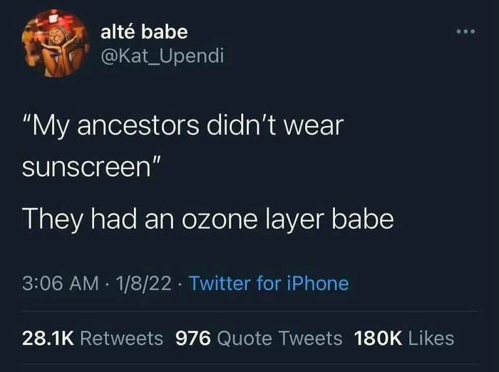 Twitter post humor about ancestors and ozone layer, blending science and memes.