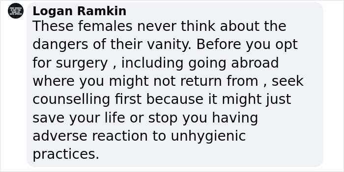 Text from a comment warning about the dangers of cosmetic surgery abroad and the importance of seeking counseling. Text from a comment warning about the dangers of cosmetic surgery abroad and the importance of seeking counseling.