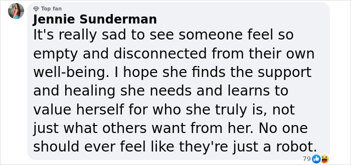 A social media comment expressing concern about feeling disconnected and robotic, hoping for healing and self-value. A social media comment expressing concern about feeling disconnected and robotic, hoping for healing and self-value.
