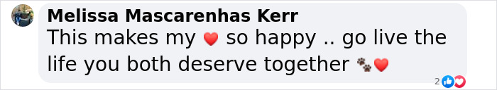 Comment expressing joy at the bond formed by two shelter dogs, with heart and paw print emojis. Comment expressing joy at the bond formed by two shelter dogs, with heart and paw print emojis.