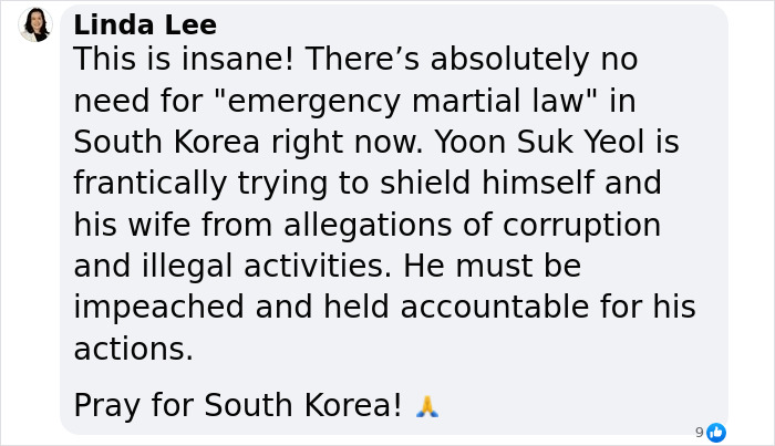Linda Lee's statement on South Korea's martial law rejection crisis and political accountability concerns. Linda Lee's statement on South Korea's martial law rejection crisis and political accountability concerns.