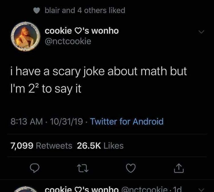 Tweet humorously combining math and fear, showcasing a clever science meme.