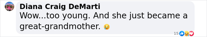 Comment expressing sadness about someone becoming a great-grandmother too young, includes crying emoji. Comment expressing sadness about someone becoming a great-grandmother too young, includes crying emoji.