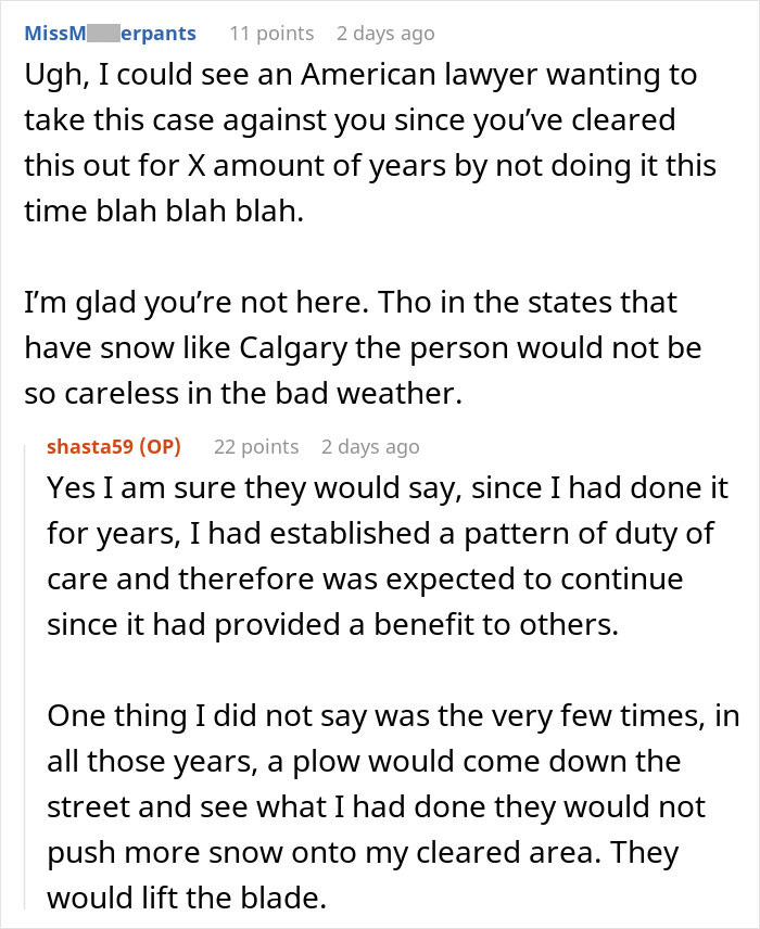 Reddit discussion about a guy who's never thanked by neighbors for shoveling snow, facing legal threats when he stops. Reddit discussion about a guy who's never thanked by neighbors for shoveling snow, facing legal threats when he stops.