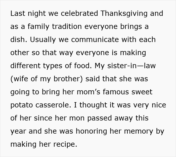Thanksgiving family tradition with a dish brought by sister-in-law honoring mom's recipe. Thanksgiving family tradition with a dish brought by sister-in-law honoring mom's recipe.