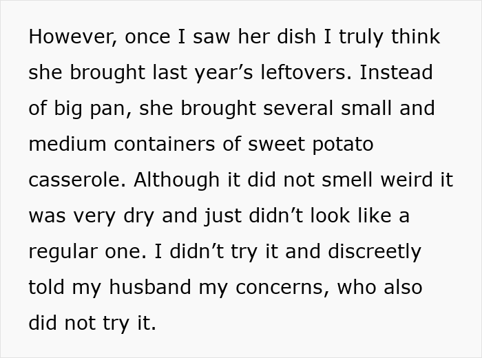 Text describing a suspicion about Thanksgiving dish leftovers from last year. Text describing a suspicion about Thanksgiving dish leftovers from last year.