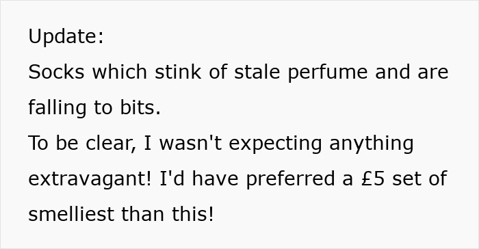 Text about a disappointing Secret Santa gift of socks with stale perfume odor, expressing preference for cheap alternatives. Text about a disappointing Secret Santa gift of socks with stale perfume odor, expressing preference for cheap alternatives.