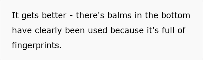 Text about a Secret Santa gift showing used balms with fingerprints. Text about a Secret Santa gift showing used balms with fingerprints.